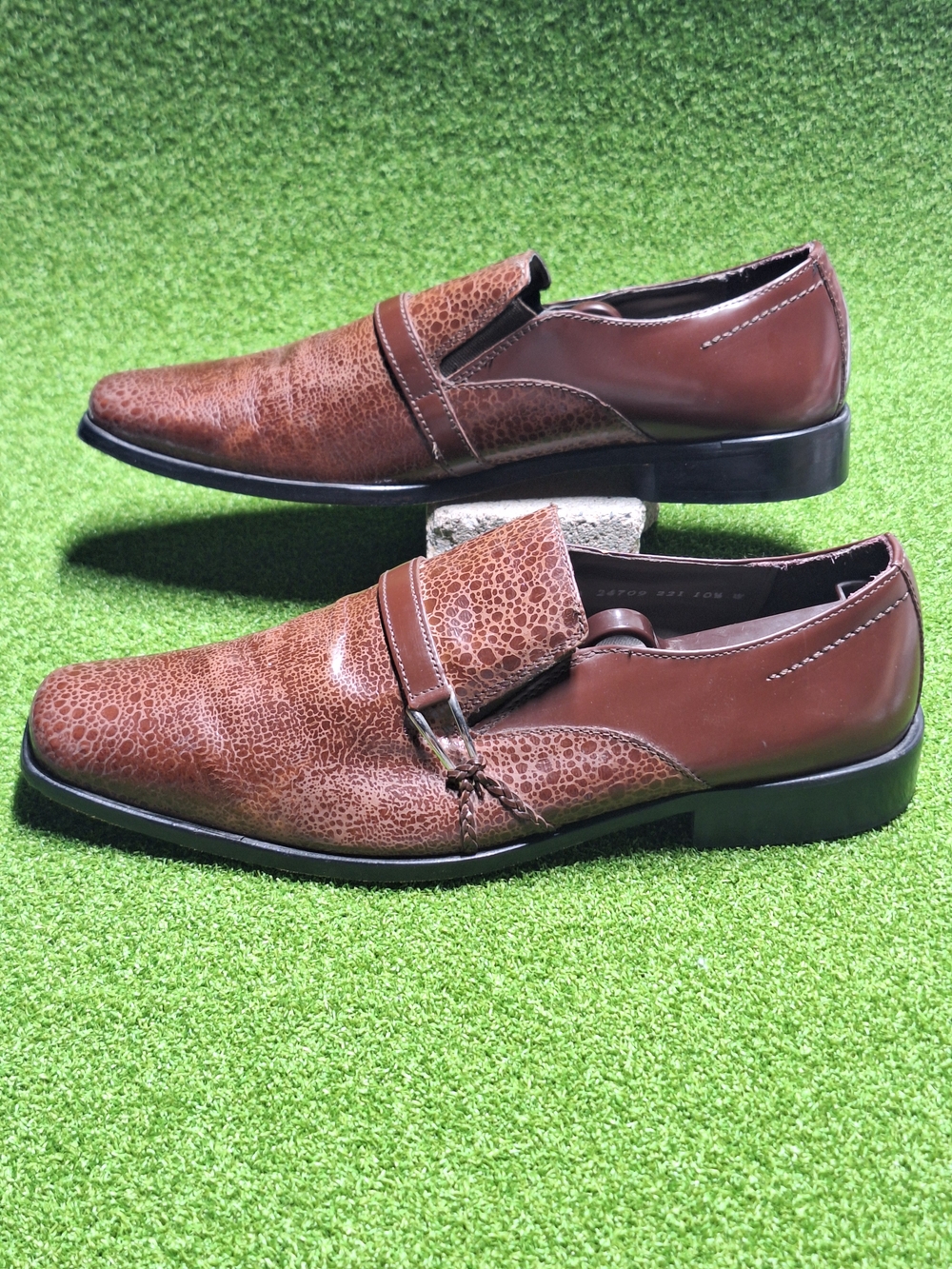Stacy Adams Monk Strap Dress Shoes Brown Tan Printed Leather Buckle 10.5 W 24709